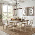 Roundhill Furniture Prato 6-Piece Dining Set, Dining Table with 4 Cross Back Chairs and Bench, Antique White and Distressed Oak Finish