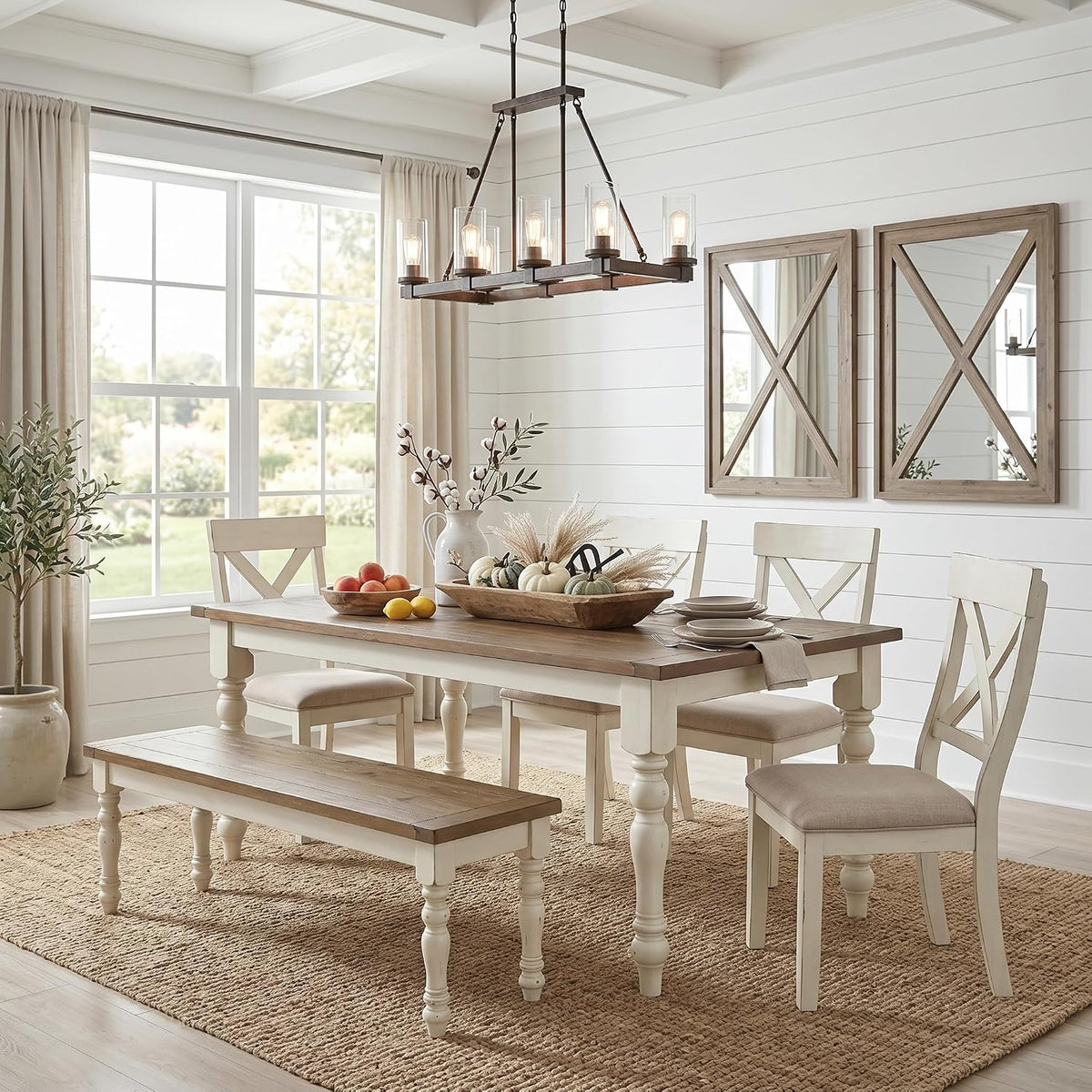 Roundhill Furniture Prato 6-Piece Dining Set, Dining Table with 4 Cross Back Chairs and Bench, Antique White and Distressed Oak Finish
