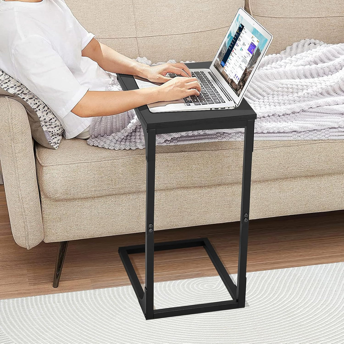BLKMTY Small Side Table, C-Shaped End Wood Bedside Table, Snack Side Tables for Sofa, Couch, Living Room, Bedroom, Narrow Tables with Metal Frame & Adjustable Feet, Black
