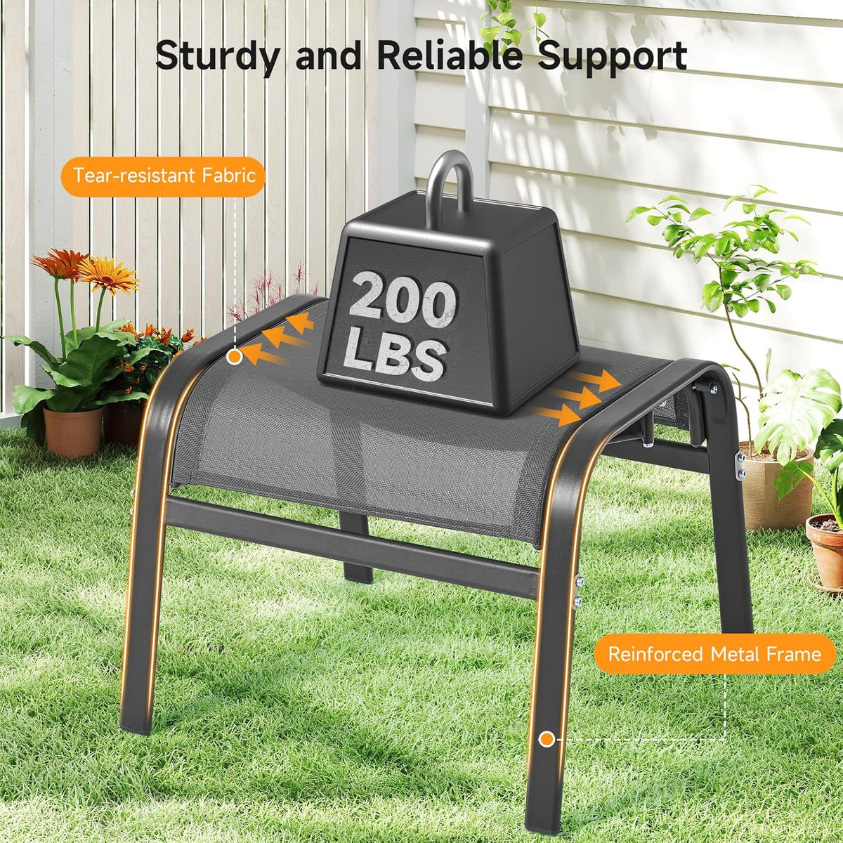 ONBRILL Outdoor Ottoman Set of 2, All Weather Outdoor Foot Stool with Supportive Textliene and Metal Frame, Stackable Oversized Outdoor Foot Rest for Furniture Patio Garden Pool, Grey