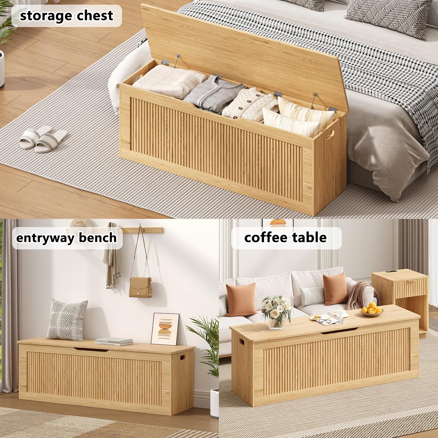 Akxomel 51.2" Fluted Storage Chest Wooden Storage Trunk 2 Safety Hinges Oak | Large Storage Chest with 2 Safety Hinges & Lift Top, Wooden Box Bench, for Living Room, Entryway, Bedroom