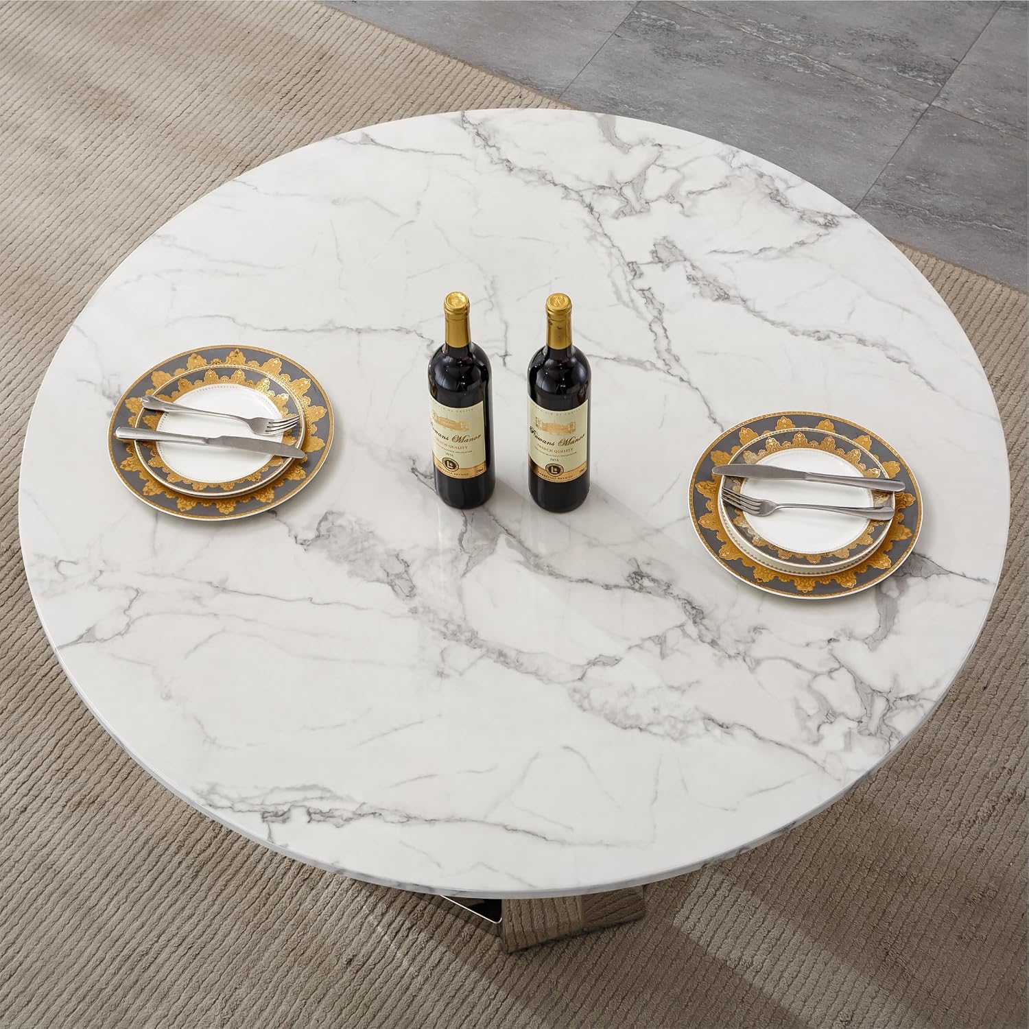 47" Round Dining Table, Mid-Century Modern Round Kitchen Table for 4-6People, High Gloss Faux Marble Tabletop and Stainless Steel Base for Dining Room, White Silver