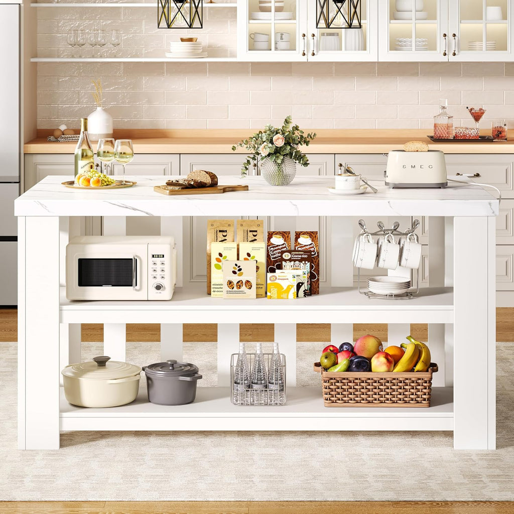 DynJest Kitchen Island with Storage, 55 Inch Large Faux Marble Prep Worktop | Kitchen Island with Power Outlet &3-Tier Shelves, Rest Area, Coffee Bar Cabinet With Wide Legs for Kitchen Dining Room, White
