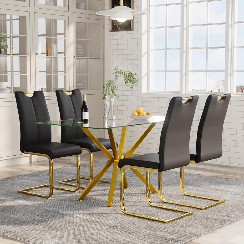 5-Piece 47" Dining Table with 4 PU Leather Chairs, Modern Dining Table Set for 4, Rectangle Kitchen Table with Golden Metal Legs for Dining Room, Kitchen(Black)