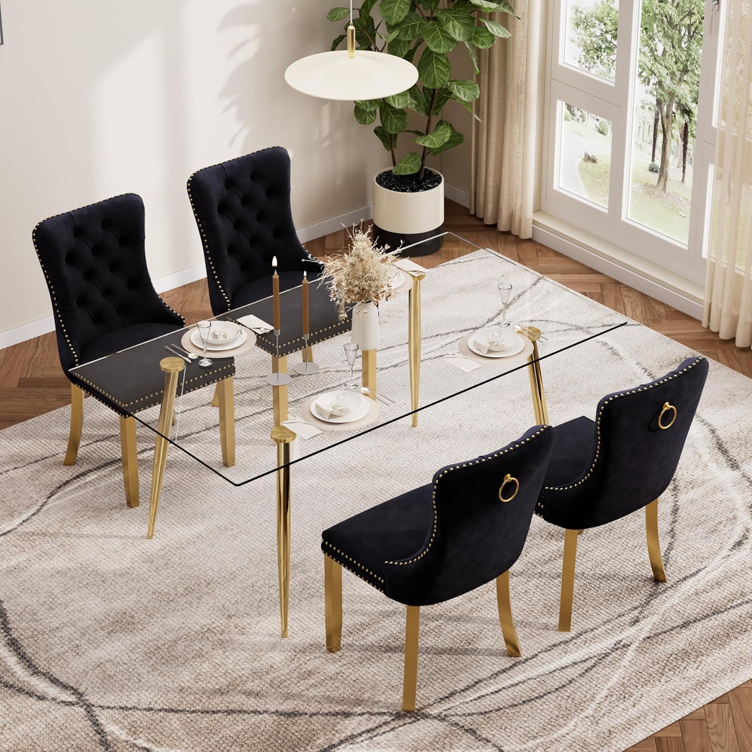 Baysitone 63" Glass Dining Table Set for 4, 5 Piece Modern Dining Room Set, Rectangular Glass Kitchen Table with 4 Upholstered Velvet Chairs, for Kitchen, Home, Small Spaces(Black&Gold)