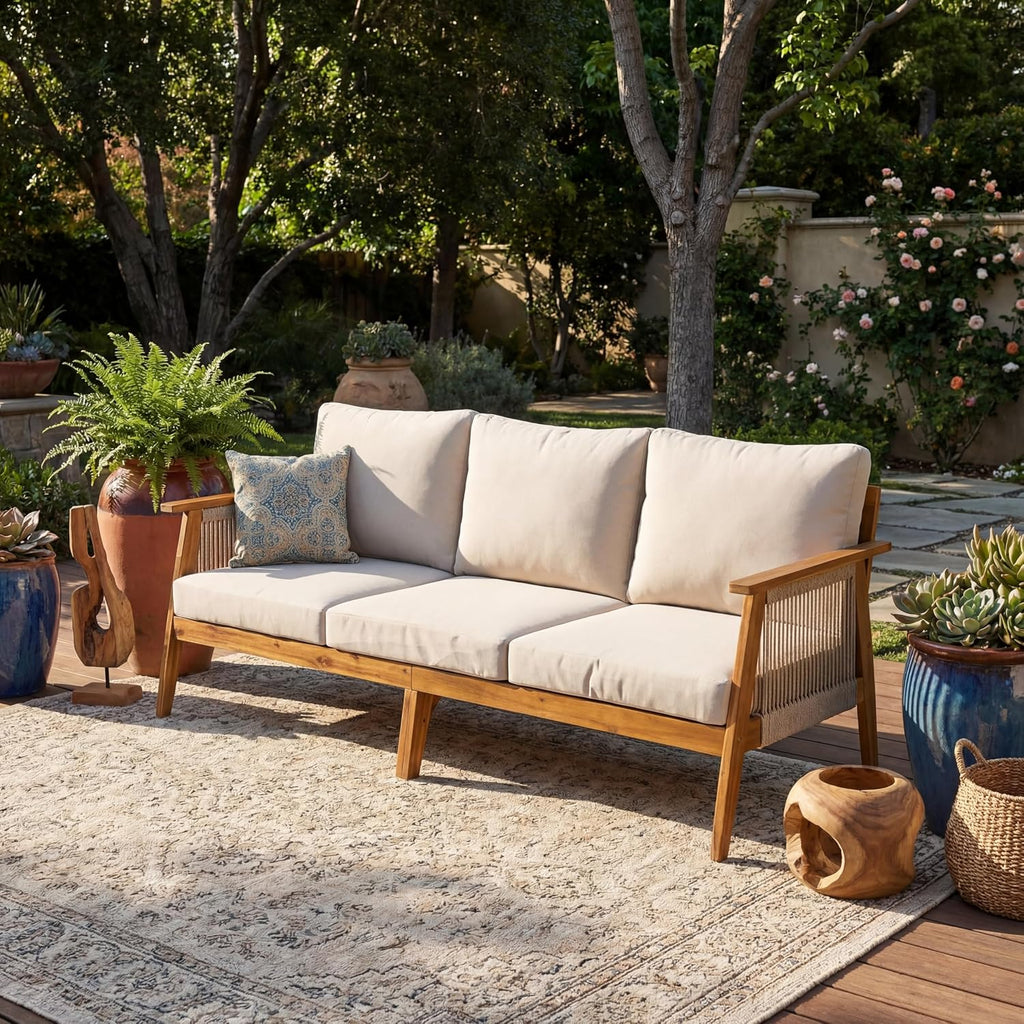 Christopher Knight Home Outdoor 3 Seater Patio Sofa with Acacia Wood Frame and Rope Weave Design, Cushioned Garden Couch with Removable Covers for Patio Deck Balcony, Teak and Beige