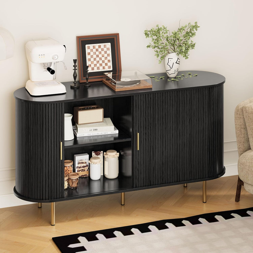 DHH Sideboard Buffet Cabinet with Storage,Mid Century Modern Fluted Accent Coffee Bar Console Table,Tambour Sliding Doors& Adjustable Shelf for Kitchen, Living Room, Entryway(Black, 55 Inch)