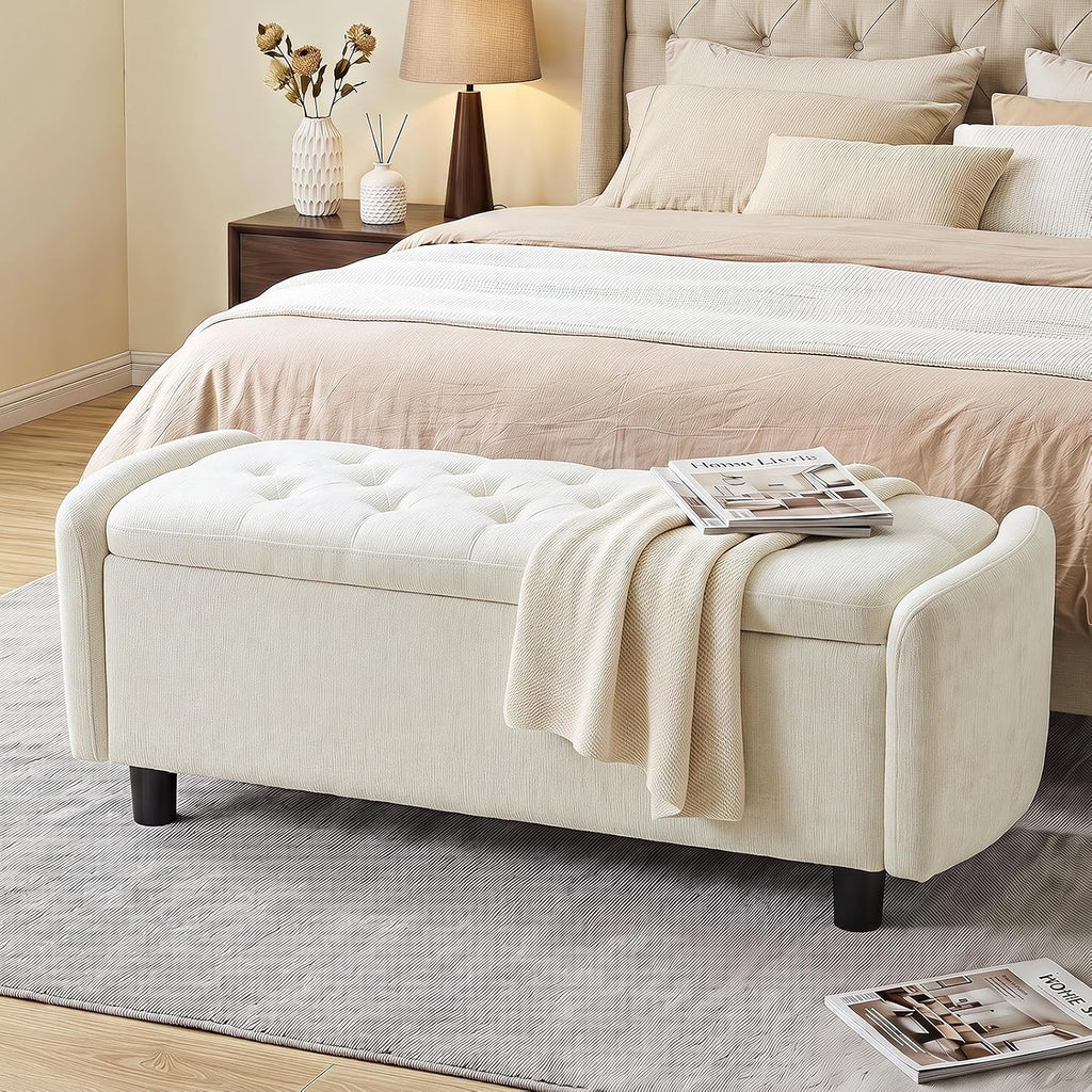 Furniliving 46.5‘’ Chenille Storage Bench, Button-Tufted Upholstered Storage Ottoman Bench with Safety Hinge, End of Bed Bench for Bedroom Entryway Living Room, Beige