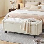 Furniliving 46.5‘’ Chenille Storage Bench, Button-Tufted Upholstered Storage Ottoman Bench with Safety Hinge, End of Bed Bench for Bedroom Entryway Living Room, Beige