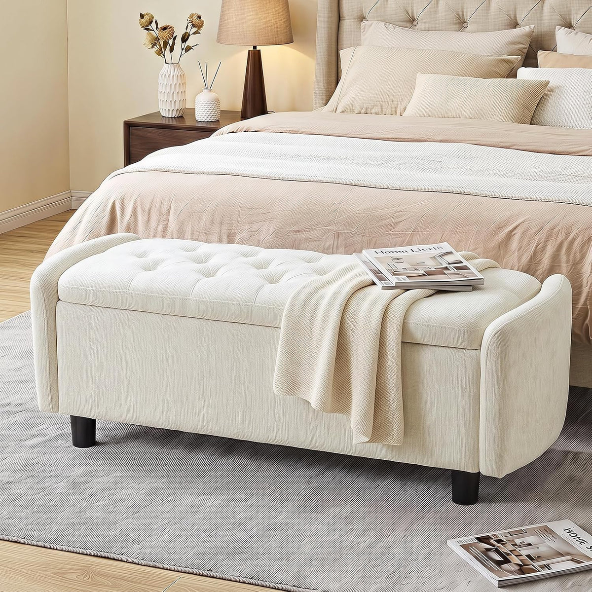 Furniliving 46.5‘’ Chenille Storage Bench, Button-Tufted Upholstered Storage Ottoman Bench with Safety Hinge, End of Bed Bench for Bedroom Entryway Living Room, Beige