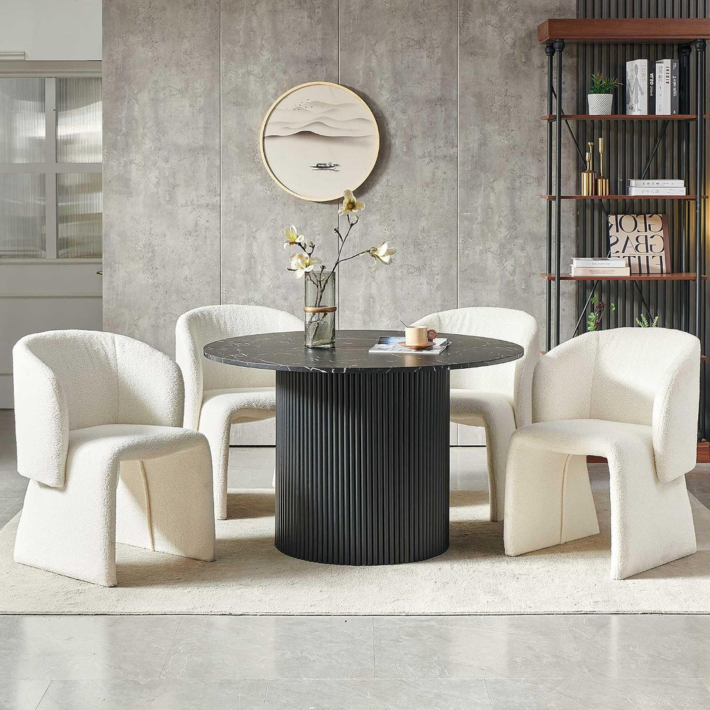 47" Round Dining Table for 4, Modern Farmhouse Marble-Look Foiled Top with MDF Striped Base, Kitchen & Dining Room Tables - Black