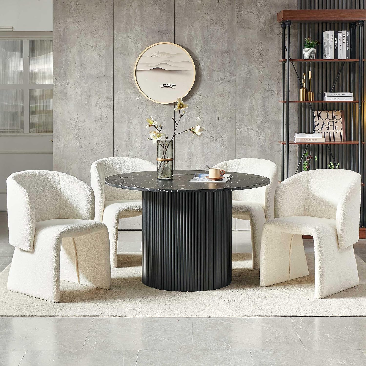 47" Round Dining Table for 4, Modern Farmhouse Marble-Look Foiled Top with MDF Striped Base, Kitchen & Dining Room Tables - Black