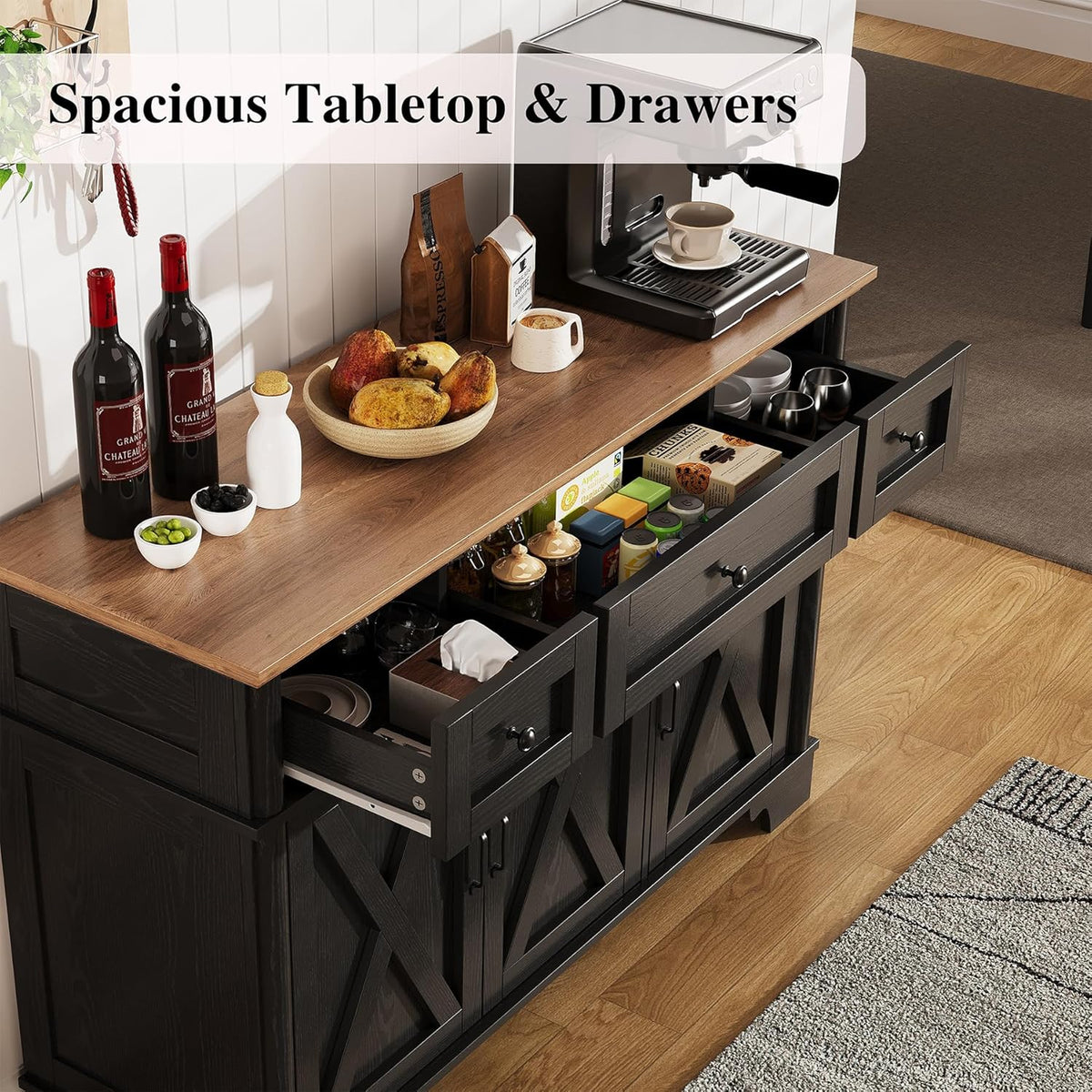 BestHaped Farmhouse Buffet Cabinet with Storage, Black Sideboard Buffet Cabinet with Adjustable Shelves & 3 Drawers, Buffet Table Coffee Bar Wine Bar Storage for Kitchen & Living Room, 47 Inch