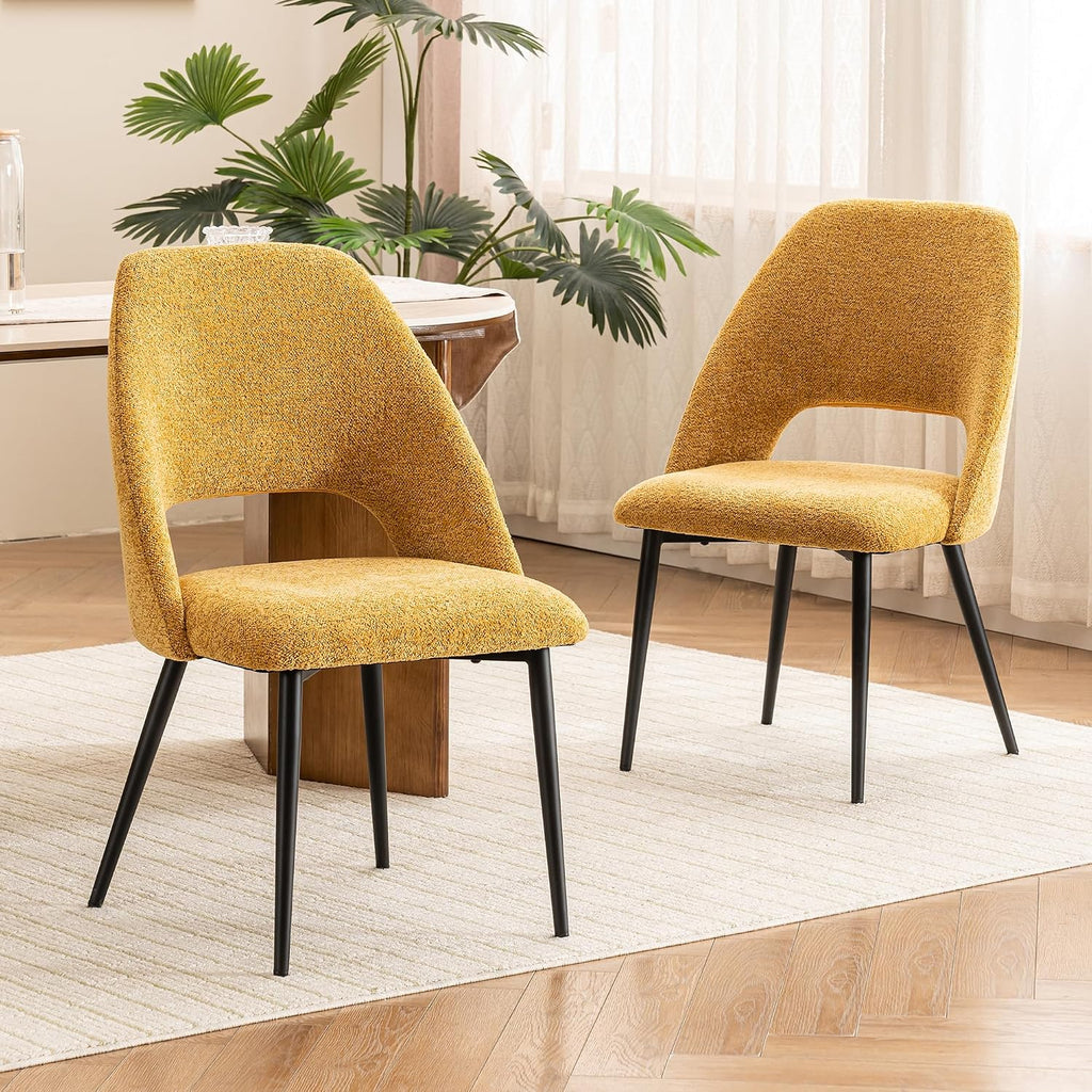 Rowill Boucle Dining Chairs Set of 4, Morden Upholstered Dining Room Kitchen Chairs with Metal Legs for Living Room, Bedroom, Restaurant, Yellow