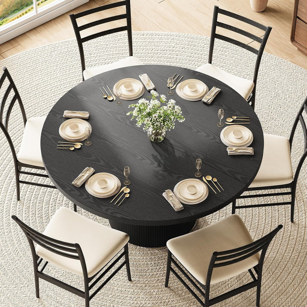 Round Kitchen Dining Table for 4-6 People, 47 inch Mid-Century Circle Dinner Tables, Rustic Wood Base in Fluted Design, Space Saving Dining Room Furniture, Large Table Only for Family Party, Black