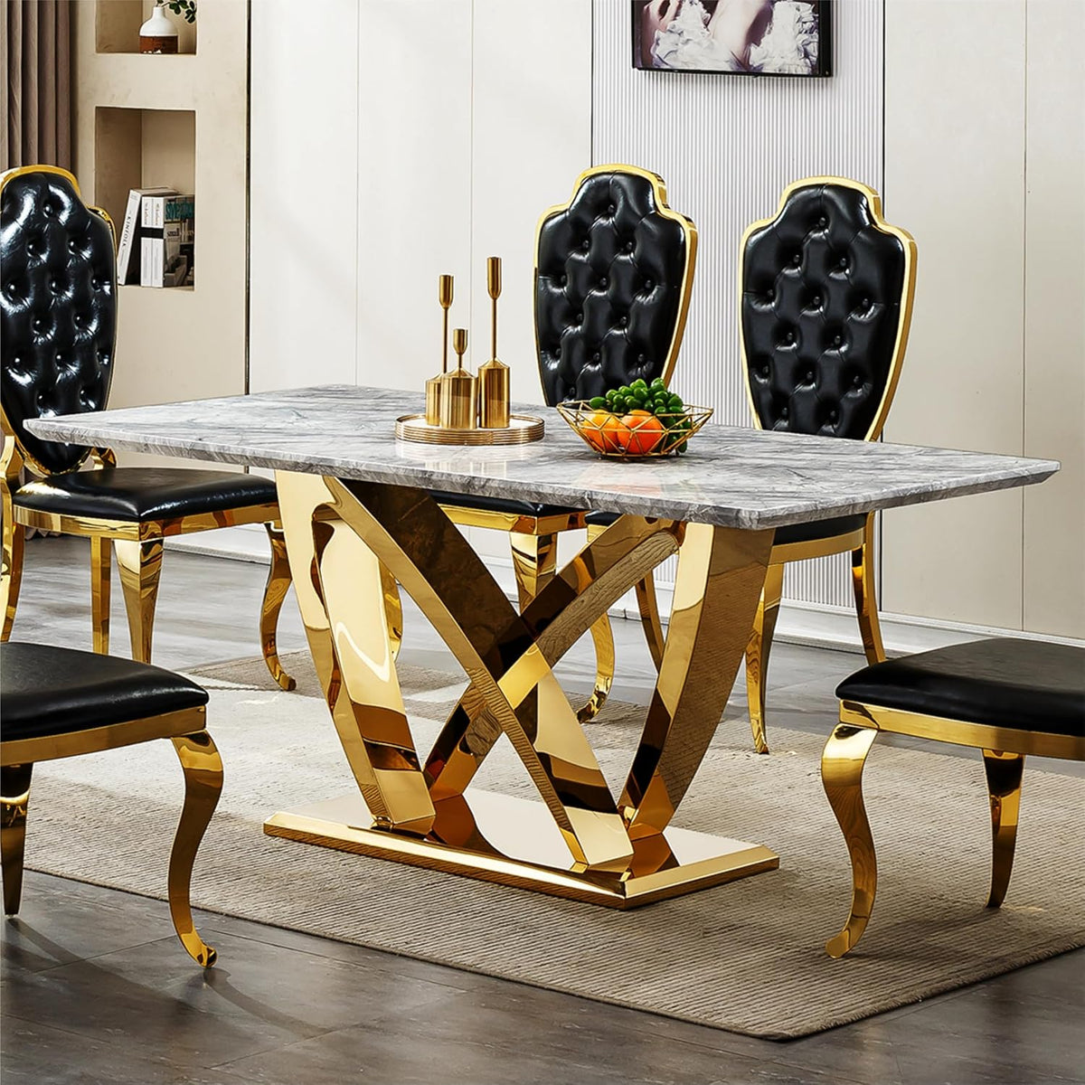 Modern Dining Table 70" Rectangular Kitchen Table with Imitation Marble Grain MDF Wooden Top & Iniregular Gold Base,Faux Marble Dinner Furniture for Kitchen Dining Room/Meeting Room