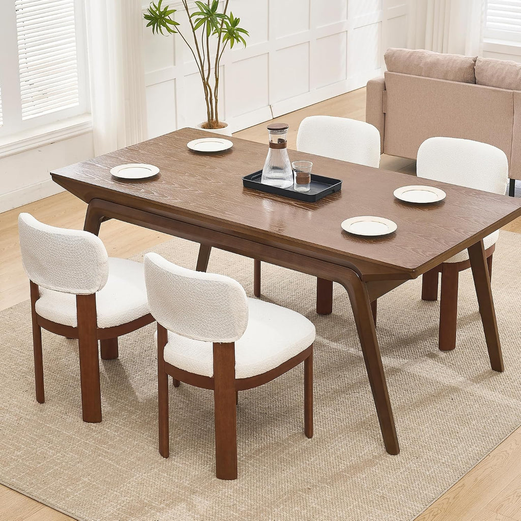 Dining Chairs Set of 2, Teddy Teddy Upholstered Kitchen Chairs with Curved Backrest and Solid Wood Legs, Farmhouse Side Chairs for Restaurant Cafe Living Room (White+Brown Legs)