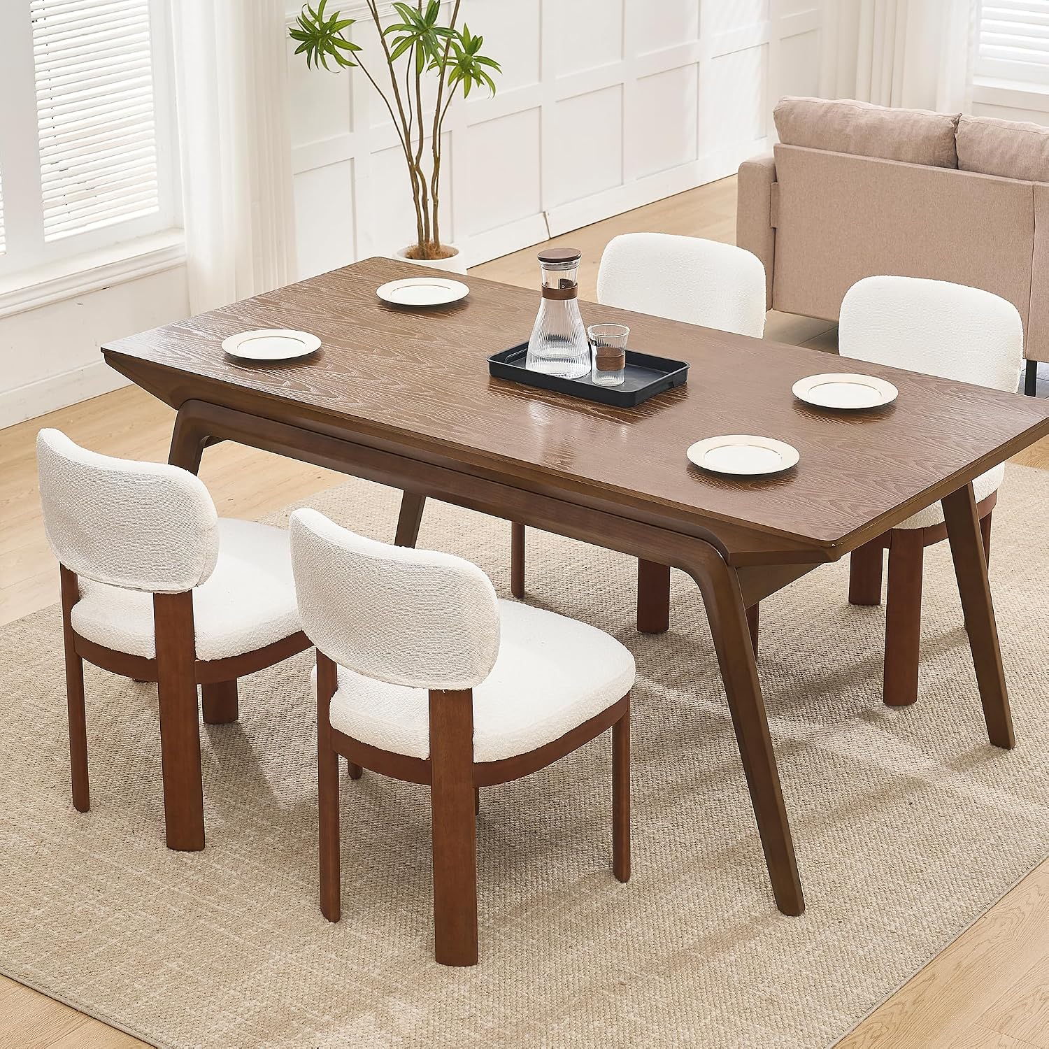 Dining Chairs Set of 2, Teddy Teddy Upholstered Kitchen Chairs with Curved Backrest and Solid Wood Legs, Farmhouse Side Chairs for Restaurant Cafe Living Room (White+Brown Legs)