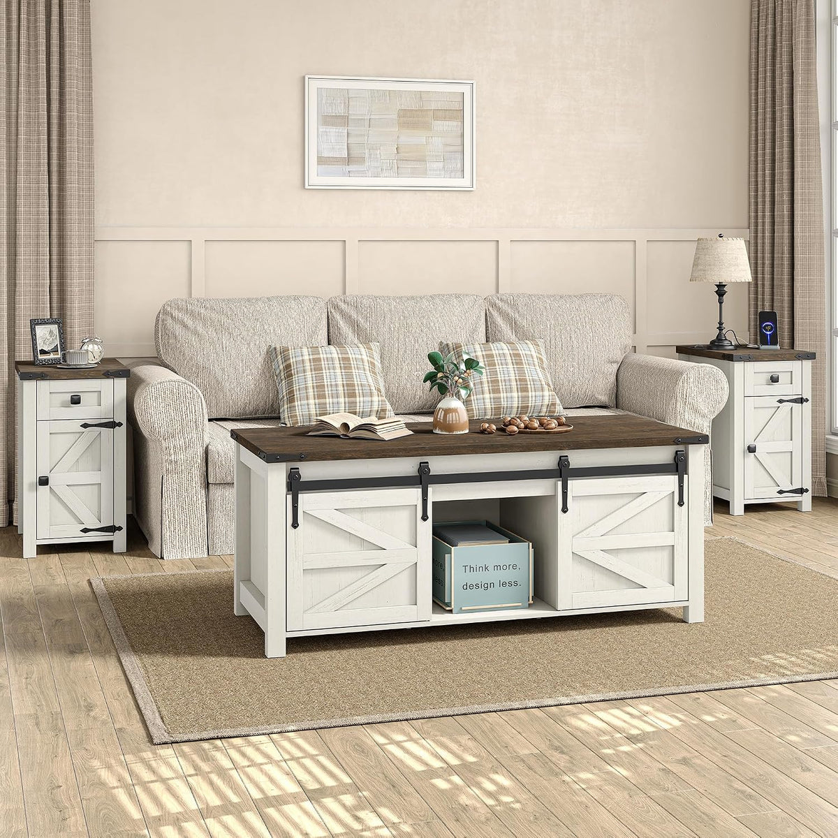 Furnihold Farmhouse CoffeeTable Set of 3, Living Room 3 Pieces Coffee Table Set, End Table Set of 2 with Charging Station and Lift Top Coffee Table with Storage for Home Office, Brown Top