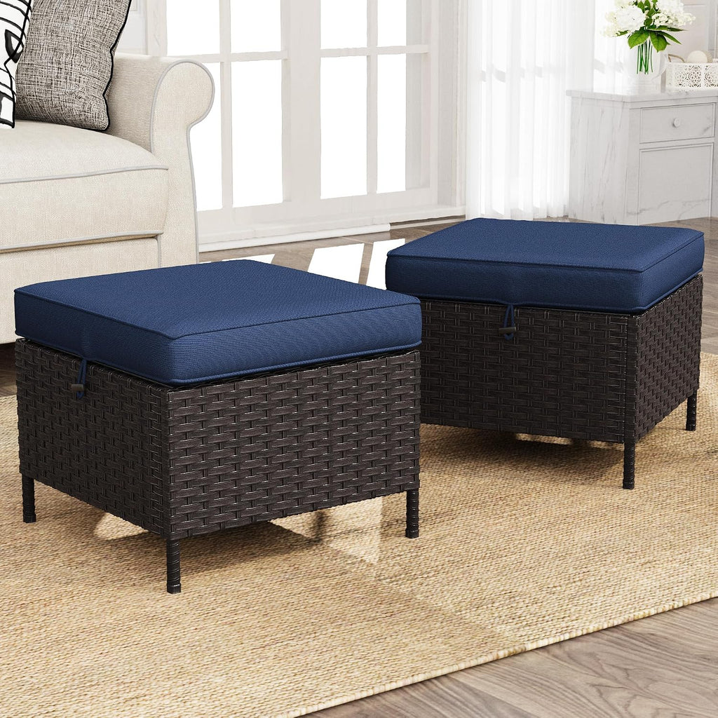 Outdoor Patio Ottoman Set of 2, All Weather Rattan Wicker Ottoman Seat, Outdoor Footstool Footrest Seat for Patio, Backyard, Poolside, Garden