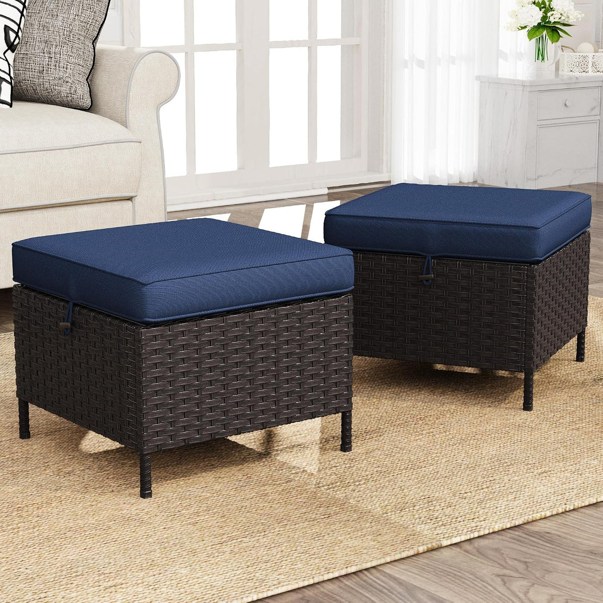Outdoor Patio Ottoman Set of 2, All Weather Rattan Wicker Ottoman Seat, Outdoor Footstool Footrest Seat for Patio, Backyard, Poolside, Garden