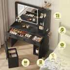 WLIVE Farmhouse Vanity Desk with LED Mirror & Stool, Black | Charging station (2AC+2USB), 3CCT lighted mirror, Sturdy FSC wood (165lbs), Hair dryer holder, W/ stool