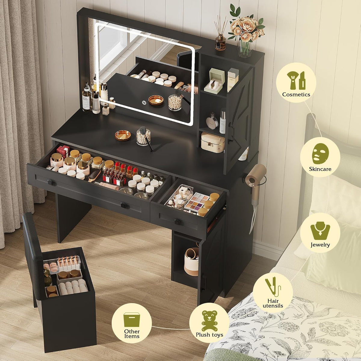 WLIVE Farmhouse Vanity Desk with LED Mirror & Stool, Black | Charging station (2AC+2USB), 3CCT lighted mirror, Sturdy FSC wood (165lbs), Hair dryer holder, W/ stool