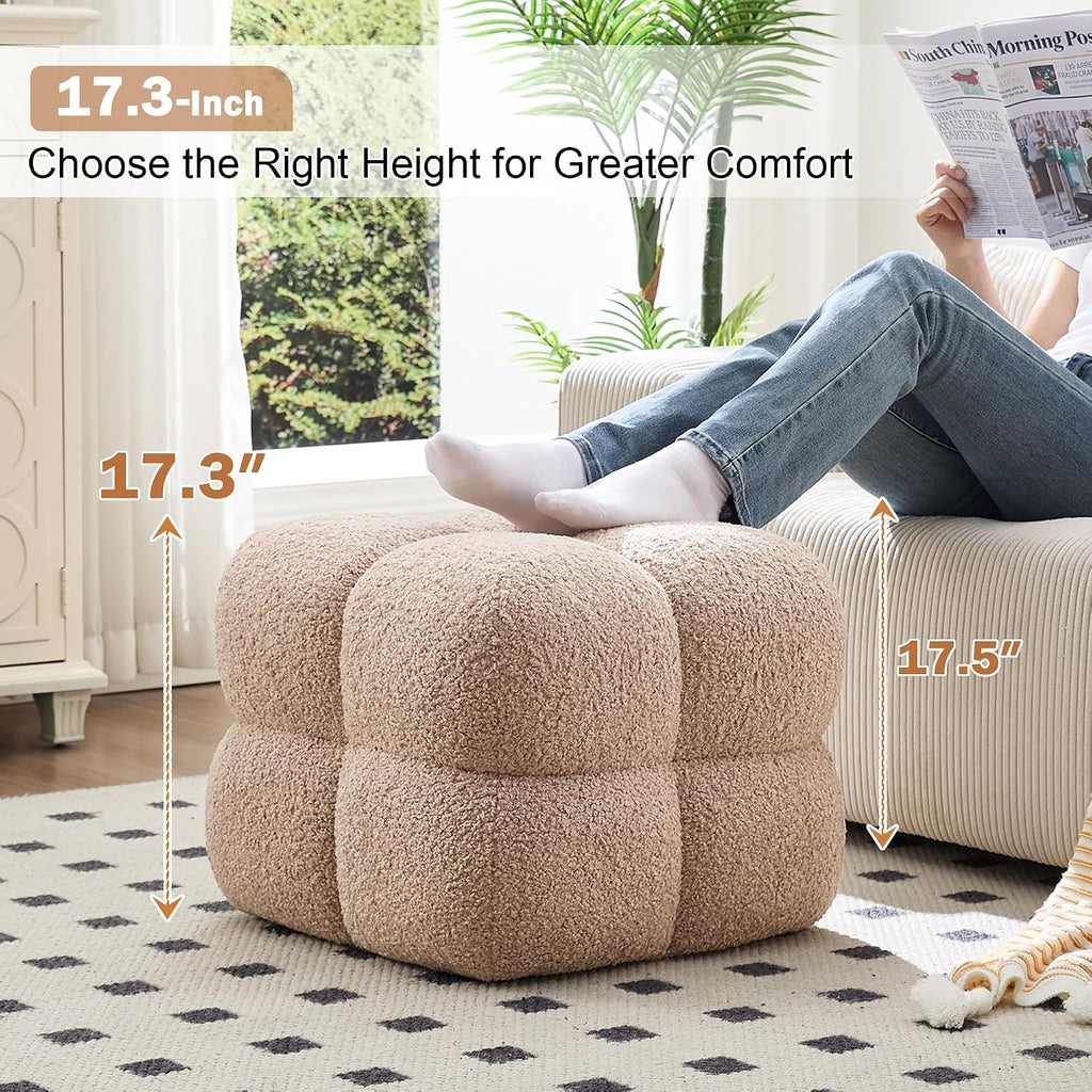 Zesthouse Square Pouf Ottomans Set of 2, Modern Vanity Chair for Bedroom | Sherpa Fabric Foot Rest for Couch, Upholstered Tufted Footstool, Poofy Ottoman Seat for Living Room Dorm, Fluffy Ottoman Tan