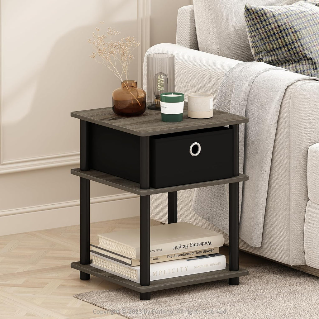 Furinno Turn-N-Tube Side Table, 3-Tier Square Modern End Table with Storage Bin, Open Shelf Night Stand, Bedside Table, Easy Assembly, Grey Oak