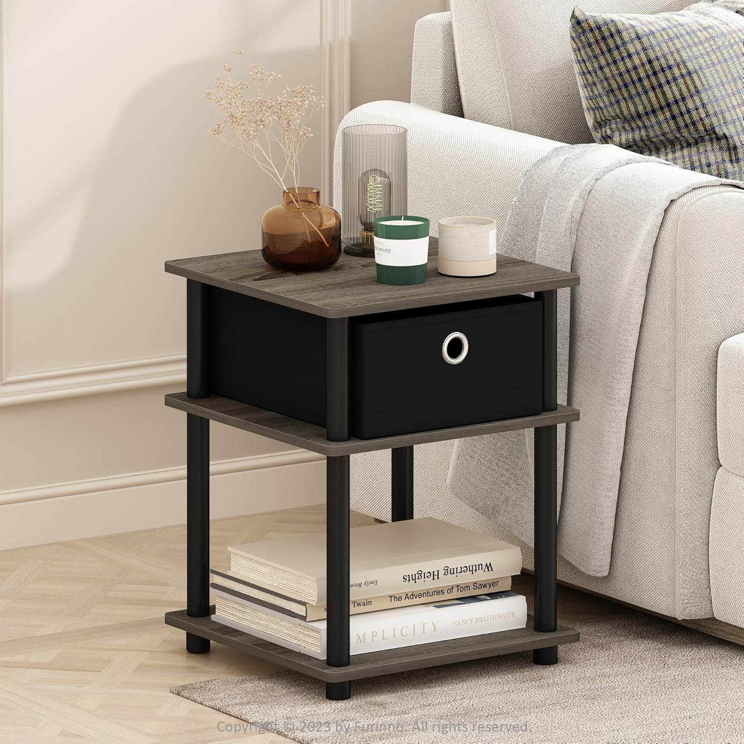 Furinno Turn-N-Tube Side Table, 3-Tier Square Modern End Table with Storage Bin, Open Shelf Night Stand, Bedside Table, Easy Assembly, Grey Oak