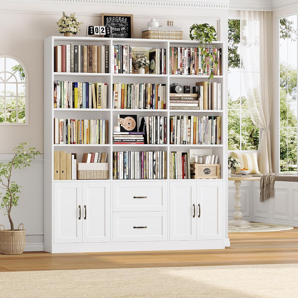 HOSTACK 71" Tall Triple Wide Bookshelf with Storage Drawers & Doors, White