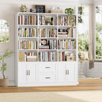 HOSTACK 71" Tall Triple Wide Bookshelf with Storage Drawers & Doors, White