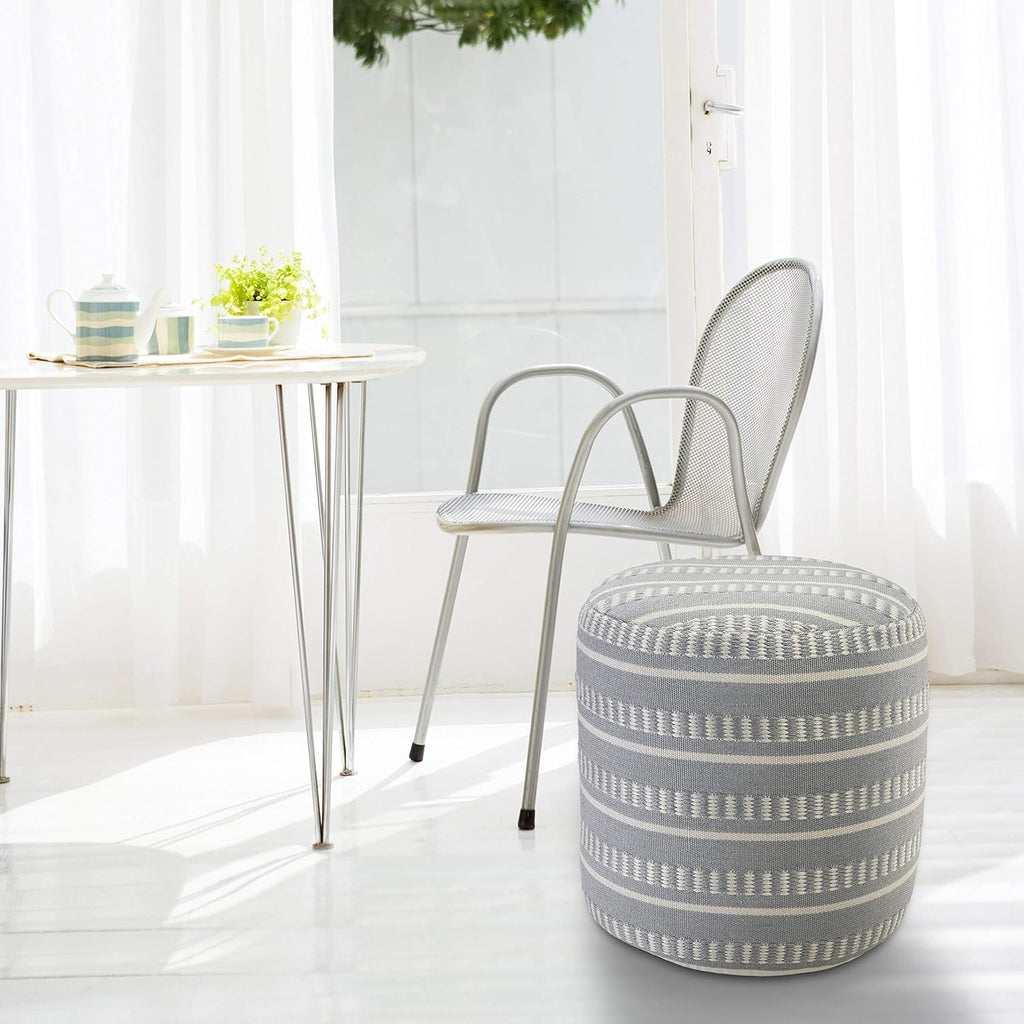 LR Home Dash and Stripe Geometric Indoor Outdoor Pouf, Blue/White, 20" x 20" x 20"