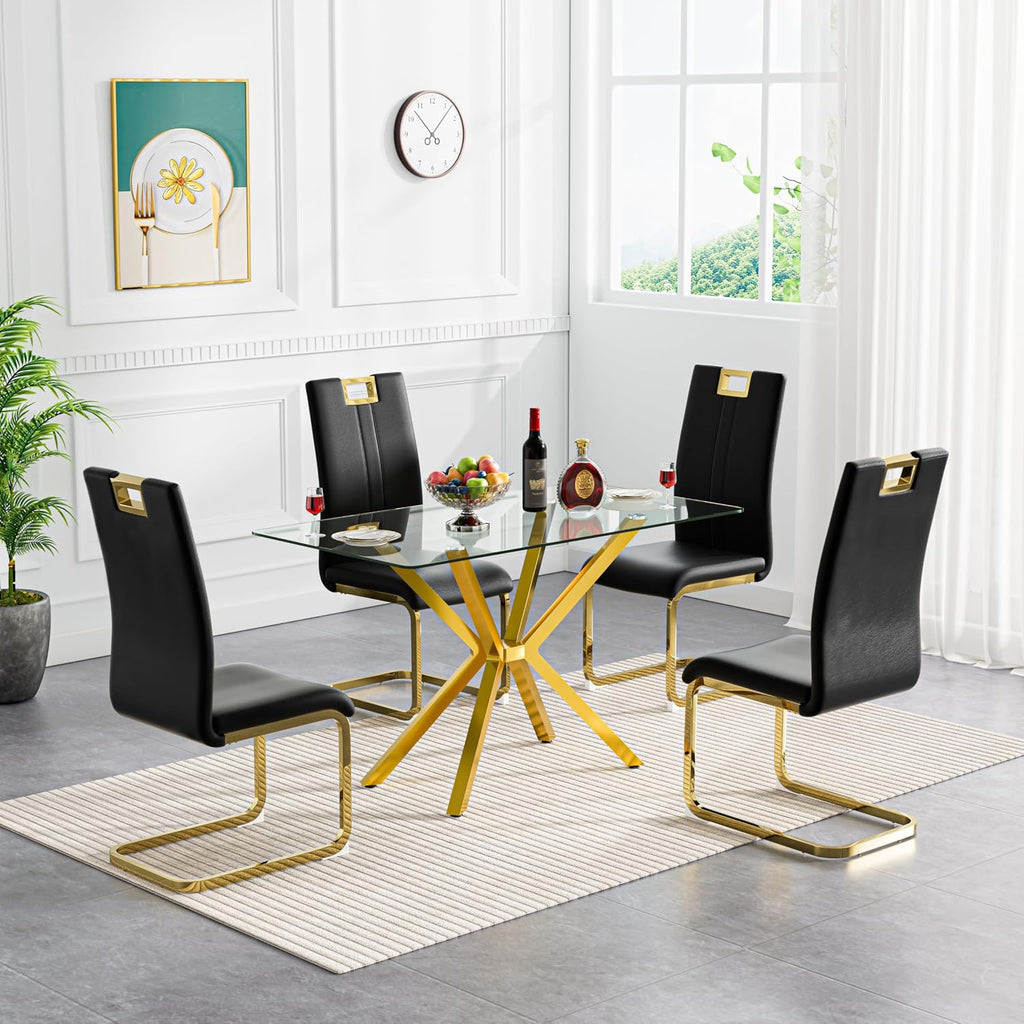Modern Dining Table for 4 People, 47" Rectangle Dining Room Table with Gold Chrome Metal X-Base, Rectangular Tempered Glass Dining Table, Kitchen Dining Room Tables Luxury Dinner Table