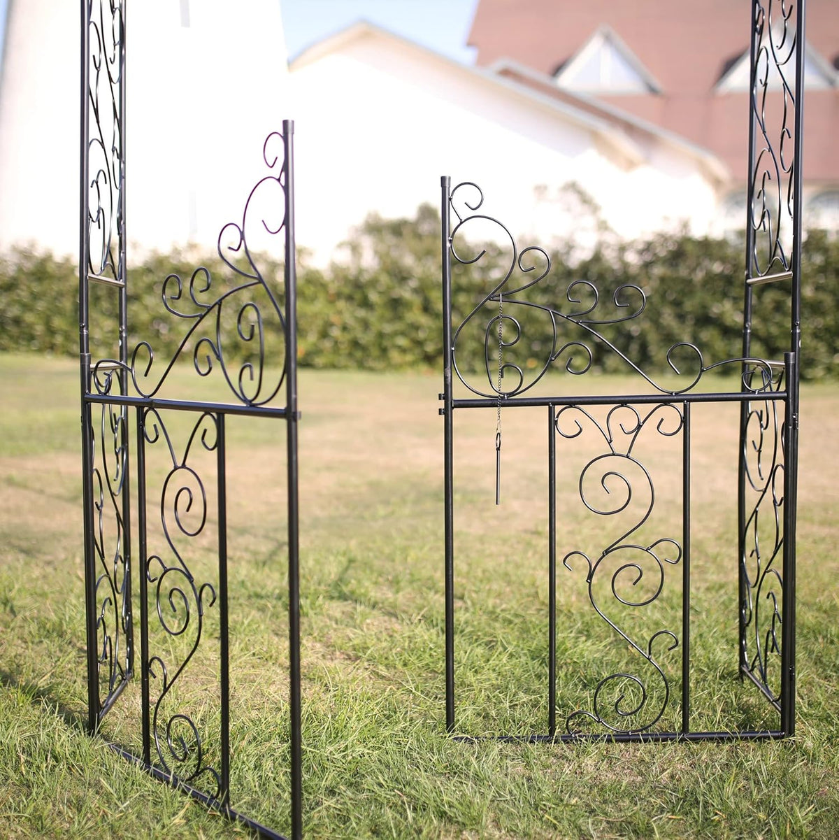 Steel 7'5'' High x 4'2'' Wide Garden Arch with Gate, Garden Arbor for Various Climbing Plant, Outdoor Garden Lawn Backyard