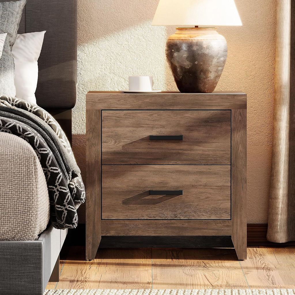 WAMPAT End Table with 2 Large Drawers, Wooden Side Table with Storage, Farmhouse Nightstand for Bedroom and Living Room, Brown
