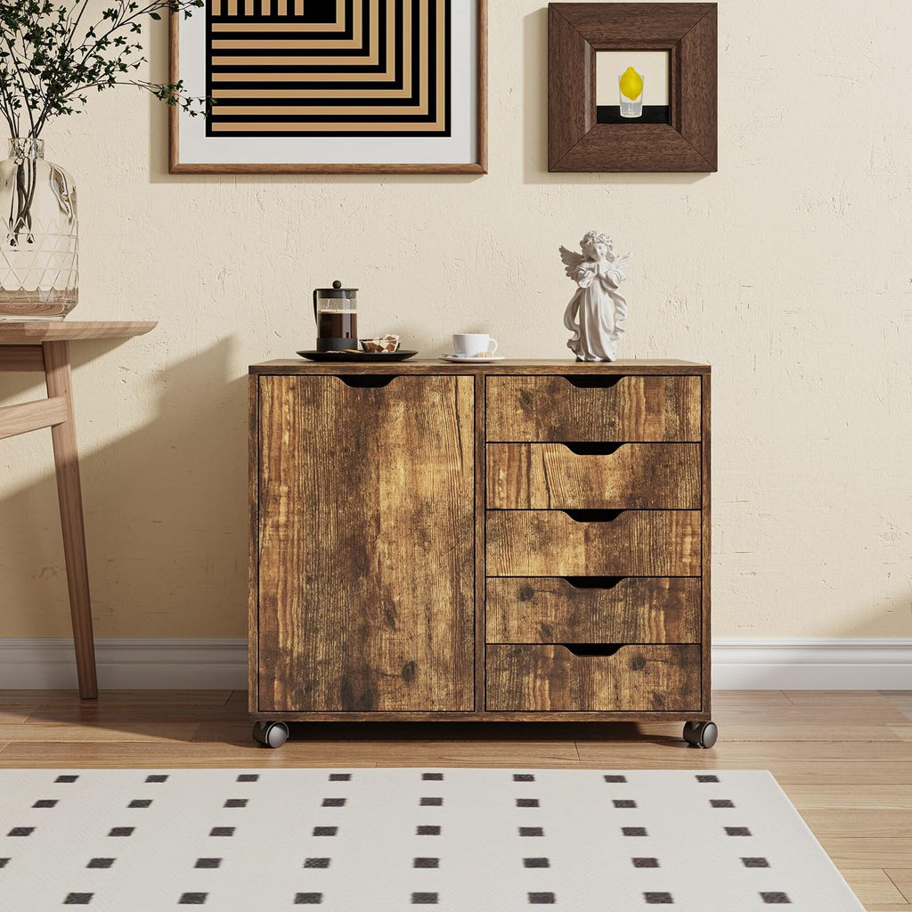 Relaxdays mobile storage cabinet, 5 drawers & 2 compartments, HWD: 65x78x40 cm, office cabinet with wheels, brown