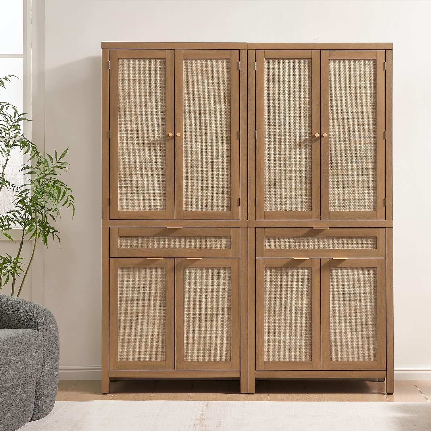 SICOTAS 72 inch Rattan Buffet Cabinet with Drawer, 4 Doors : Pantry Cabinet | 3 Pieces Tall Storage Cabinet, Farmhouse Boho Freestanding Cupboard Pantry with Storage for Living Room, Dining Room