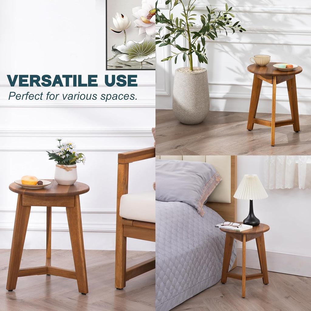 VICTORY RELAX Round Side Table – Solid Acacia Wood End Table for Living Room or Bedroom – Natural Wood Finish, Compact Nightstand or Accent Table for Sofas & Beds (13x16x13 Inches)