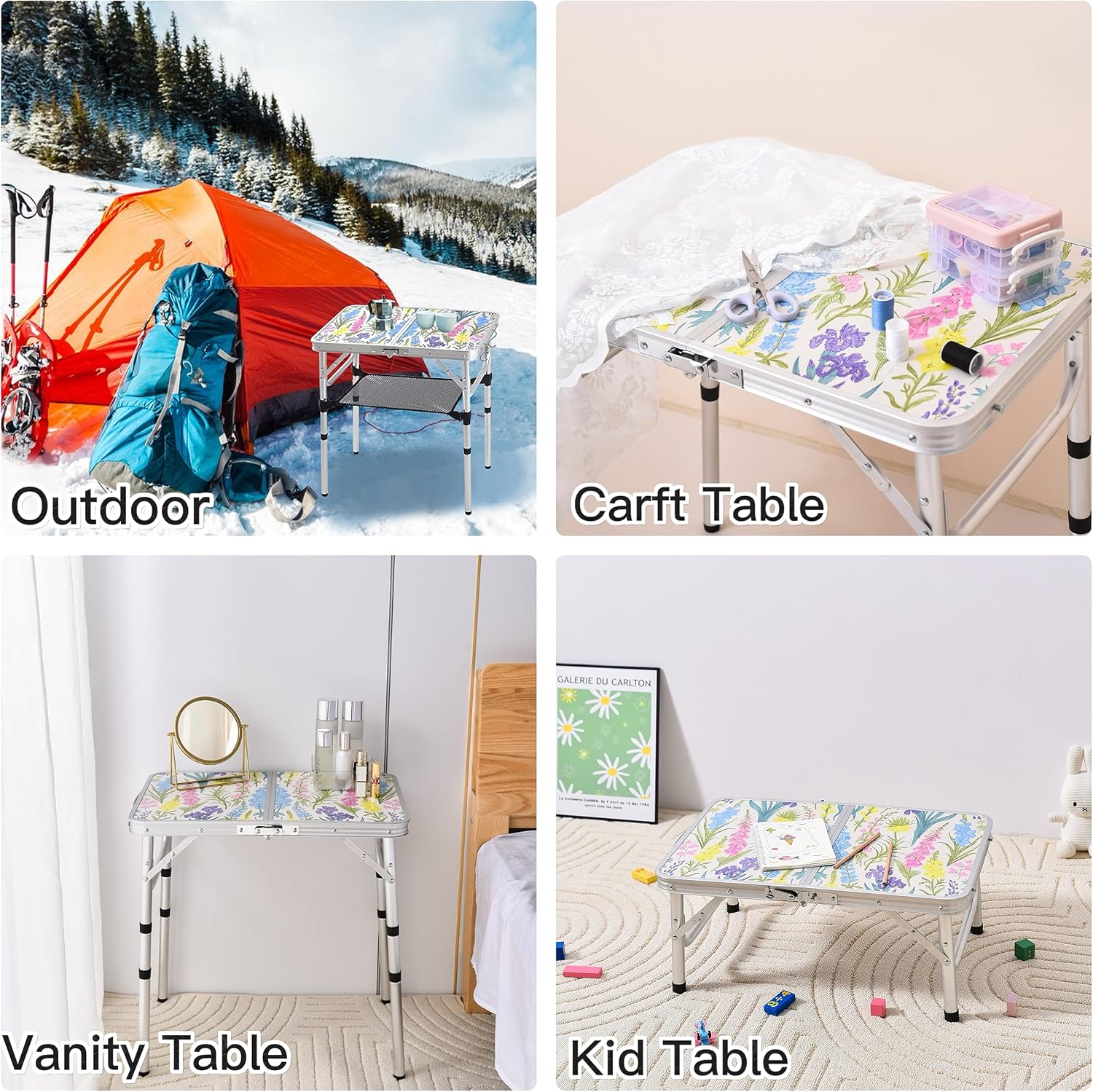 Yriuat Folding Camping Table 2ft Portable Picnic Table, Blooming Floral | Adjustable Height, Carry Handle, Aluminum Foldable Lightweight Small Card Table for Outdoor, Indoor, Hiking, Camp, BBQ, Beach