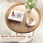 Function Home Round End Table, Farmhouse Side Table with Storage Shelf, 2 Tier Wooden Nightstand, 19.2” Accent Table for Living Room Bedroom Small Space, Natural Tray Top and Vintage White Spindle Leg
