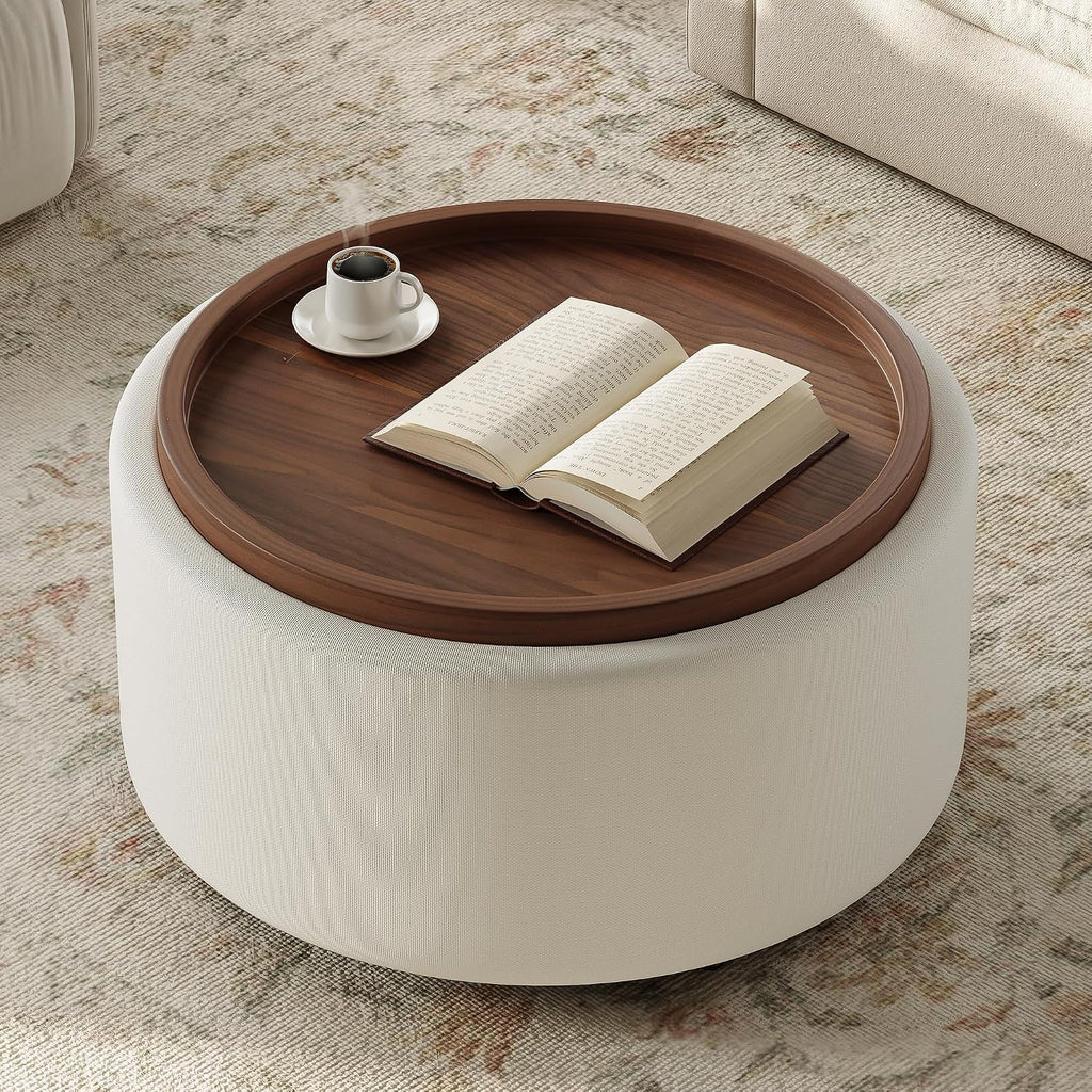 Round Storage Ottoman Coffee Table with Walnut Tray, 30'' Round Ottoman with Storage, Modern Upholstered Coffee Table with with 4 Casters for Living Room, Linen Fabric, Beige
