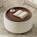 Round Storage Ottoman Coffee Table with Walnut Tray, 30'' Round Ottoman with Storage, Modern Upholstered Coffee Table with with 4 Casters for Living Room, Linen Fabric, Beige