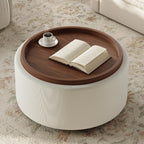 Round Storage Ottoman Coffee Table with Walnut Tray, 30'' Round Ottoman with Storage, Modern Upholstered Coffee Table with with 4 Casters for Living Room, Linen Fabric, Beige