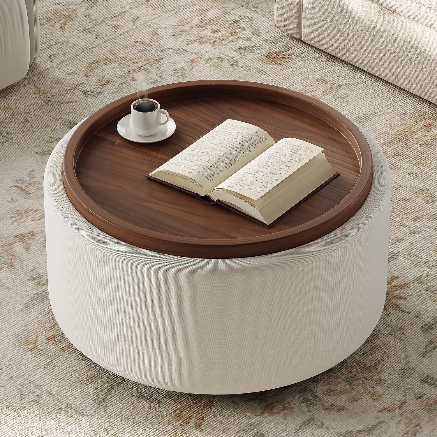 Round Storage Ottoman Coffee Table with Walnut Tray, 30'' Round Ottoman with Storage, Modern Upholstered Coffee Table with with 4 Casters for Living Room, Linen Fabric, Beige