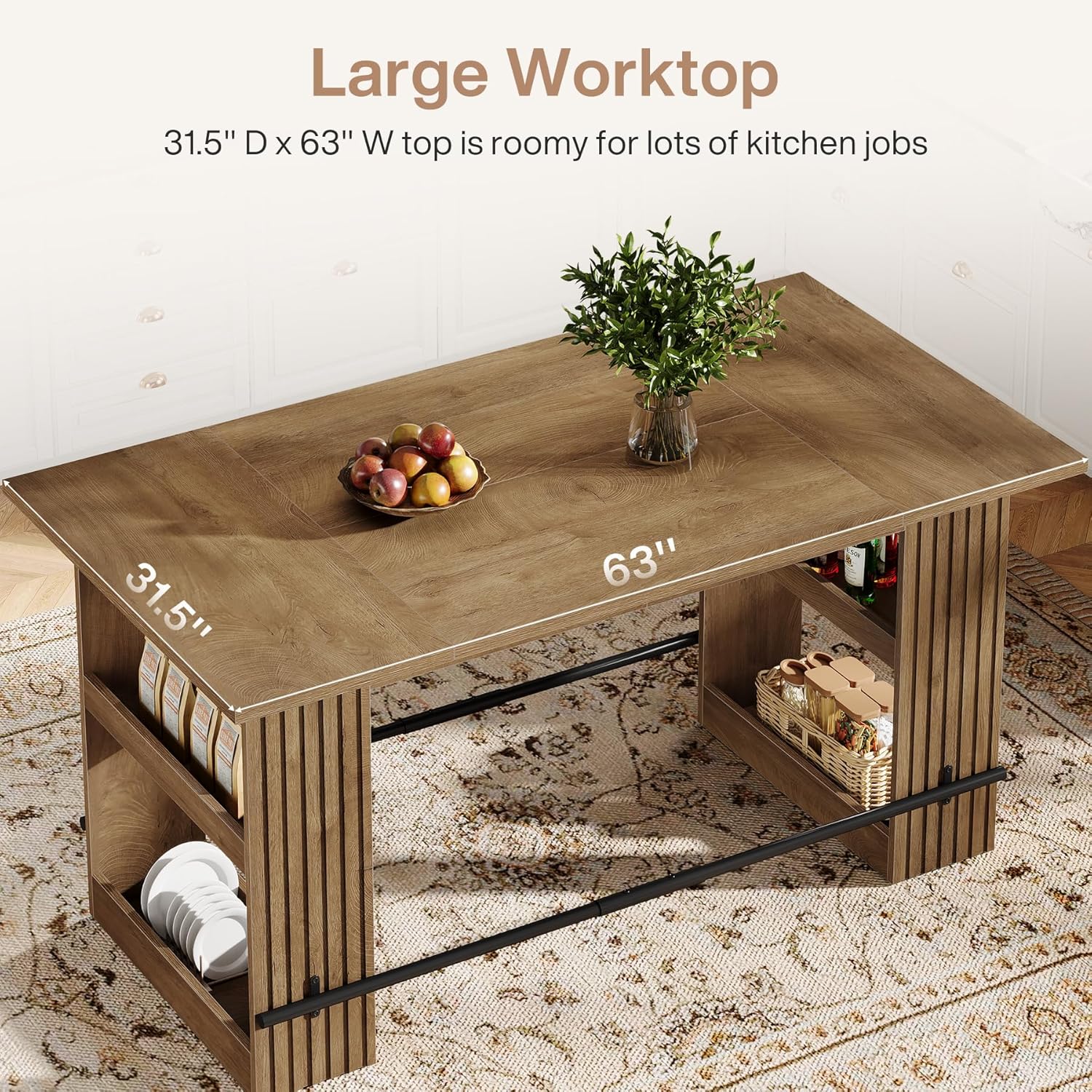 Tribesigns 63" Kitchen Island with Storage, Farmhouse Wood Stationary Island Table with Large Worktop & Leg Room, Coffee Bar Table for Kitchen, Dining Room, Living Room, Rustic Brown