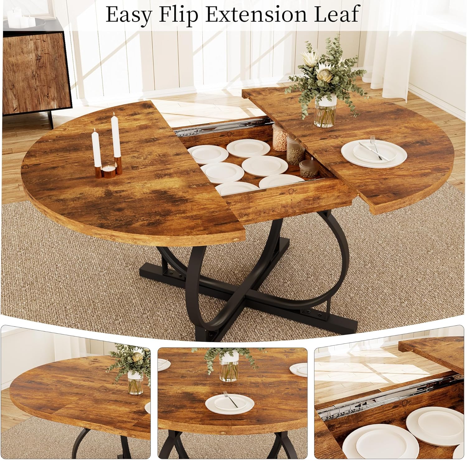 HIPIHOM 43.3"-59" Extendable Round Dining Table for 4-6 People, Modern Kitchen Oval Dining Table with Sturdy X-Base Metal Legs, Space Saving, MDF Board for Kitchen Dining Room (Vintage Brown)