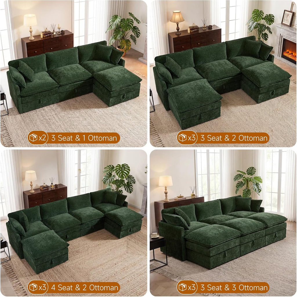 Myroyalsit Modular Sofa with Storage, 135" Sleeper Sofa Bed Sectional Cloud Couch, Oversized Fabric Couch with Movable Ottoman, 8 Seat Modern Deep Seat Sofa for Living Room (Green Chenille)