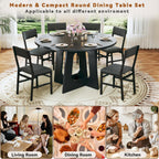 HUAHUU Round Dining Table Set for 6, 7-Piece Kitchen Table and Chairs for 6, 47'' Round Dining Room Table Set with 6 Chairs, Space Saving Dining Table with Wood Base for Kitchen, Living Room, Black