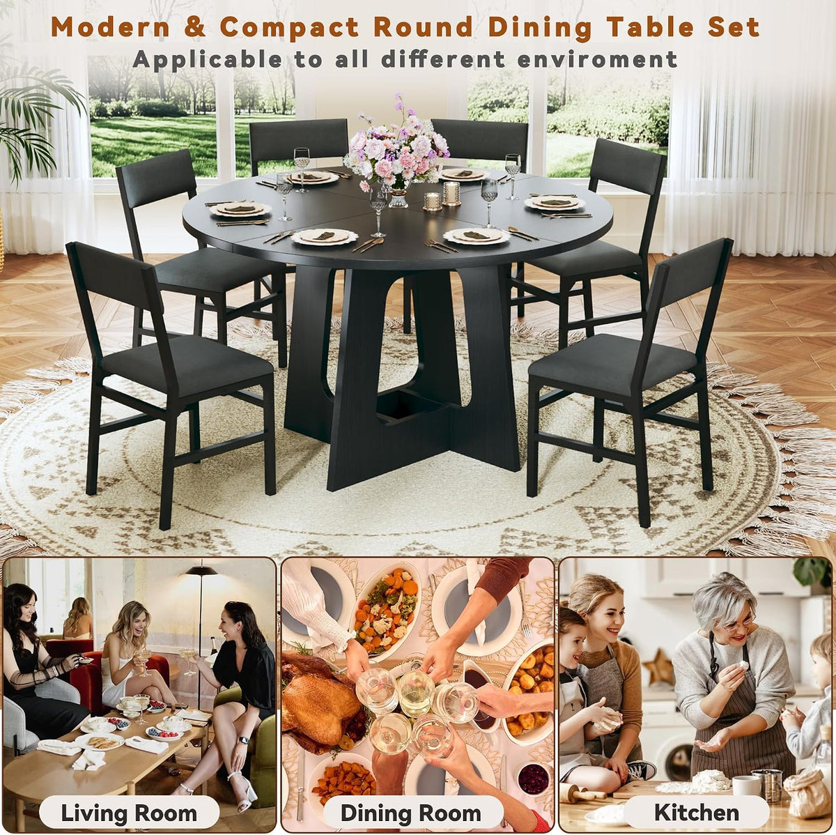 HUAHUU Round Dining Table Set for 6, 7-Piece Kitchen Table and Chairs for 6, 47'' Round Dining Room Table Set with 6 Chairs, Space Saving Dining Table with Wood Base for Kitchen, Living Room, Black